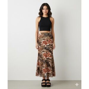 Metro Wear Floral‎ Print Maxi Skirt Brown Orange Animal Print Mesh Flare Sz M